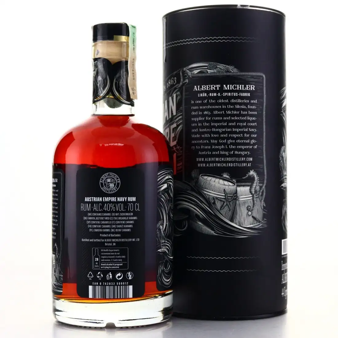 Hochauflösendes Bild von Albert Michler Distillery Austrian Empire Navy Rum Reserva 1863