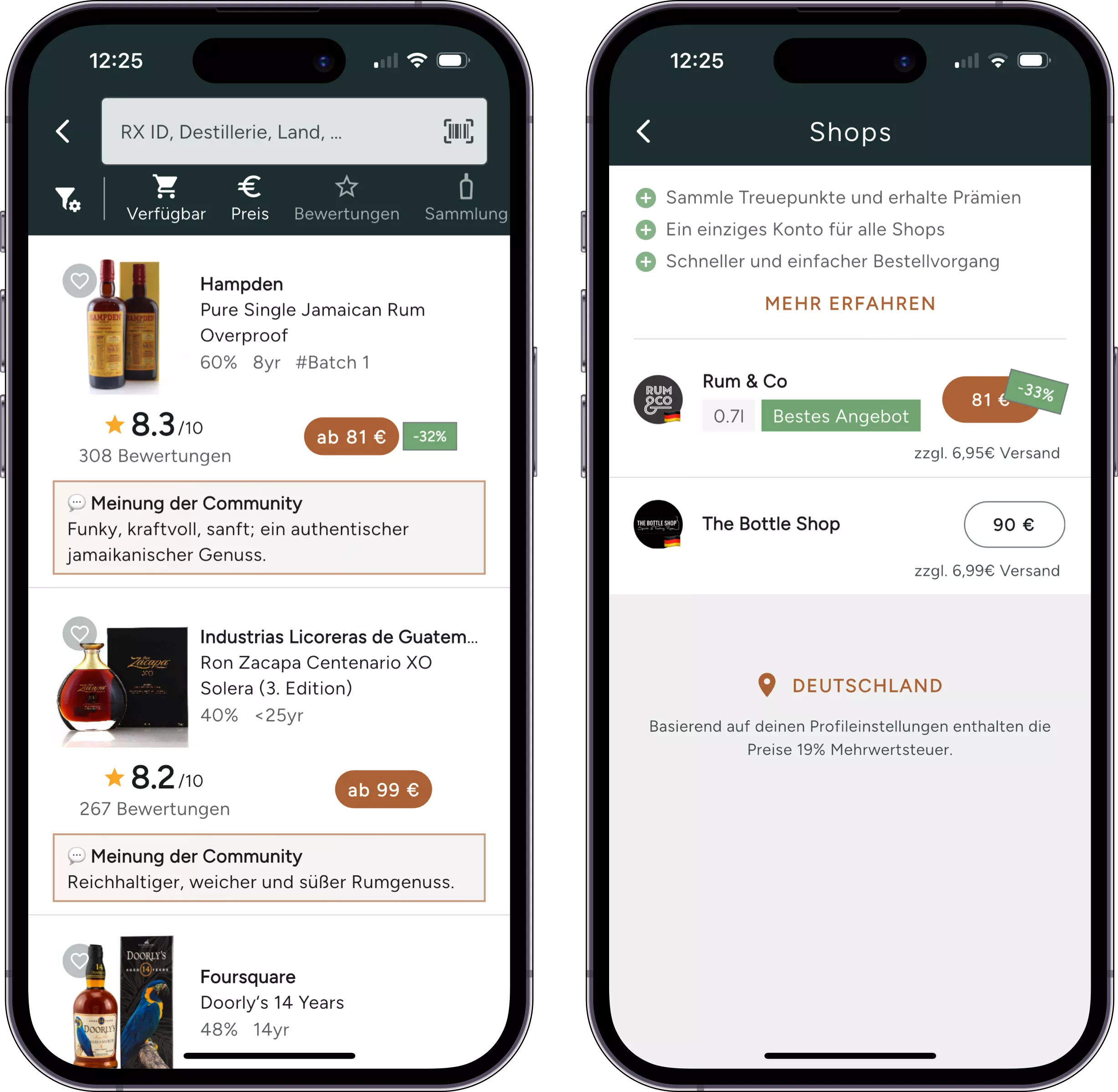 Screenshot des integrierten Rum-Marktplatzes mit Tausenden von Rum-Angeboten