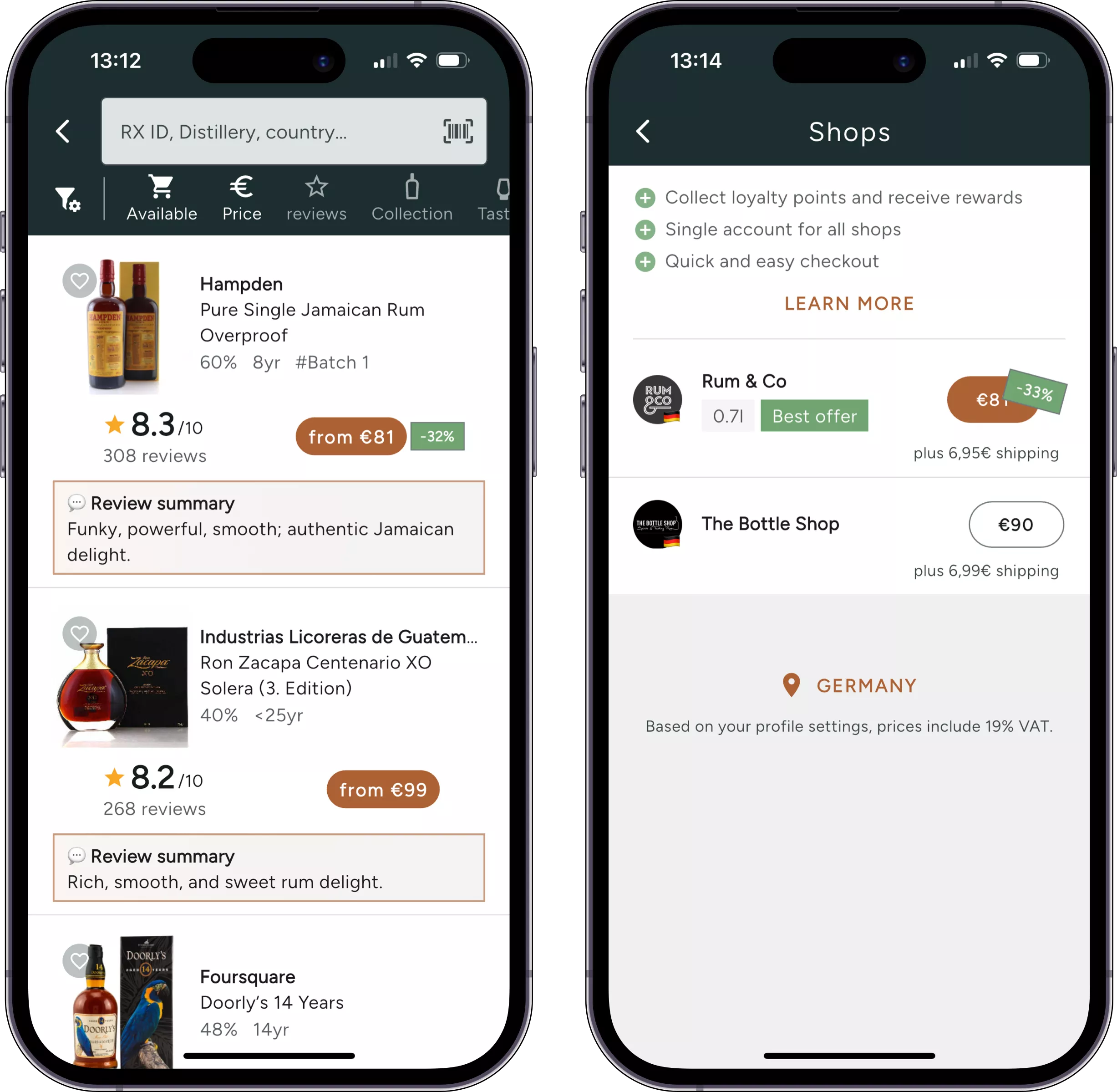 Screenshot of the integrated rum marketplace with thousands of rum offers